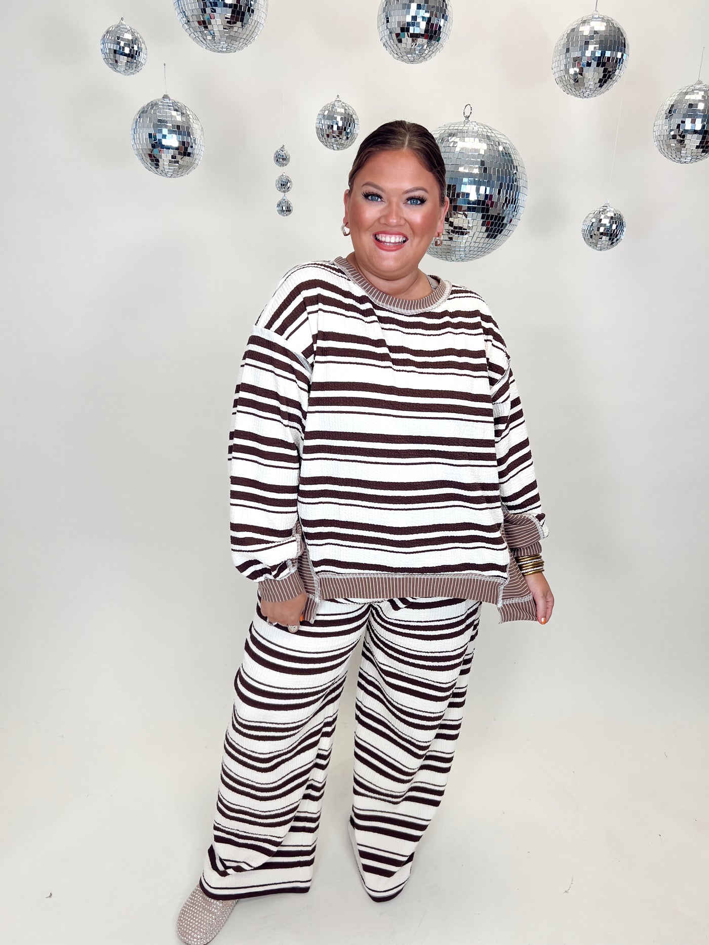 Brown and Cream Mixed Stripe Pullover and Wide Leg Pant Set