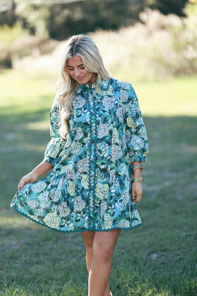 Teal Green Floral Ric Rac Trim Button Down Dress