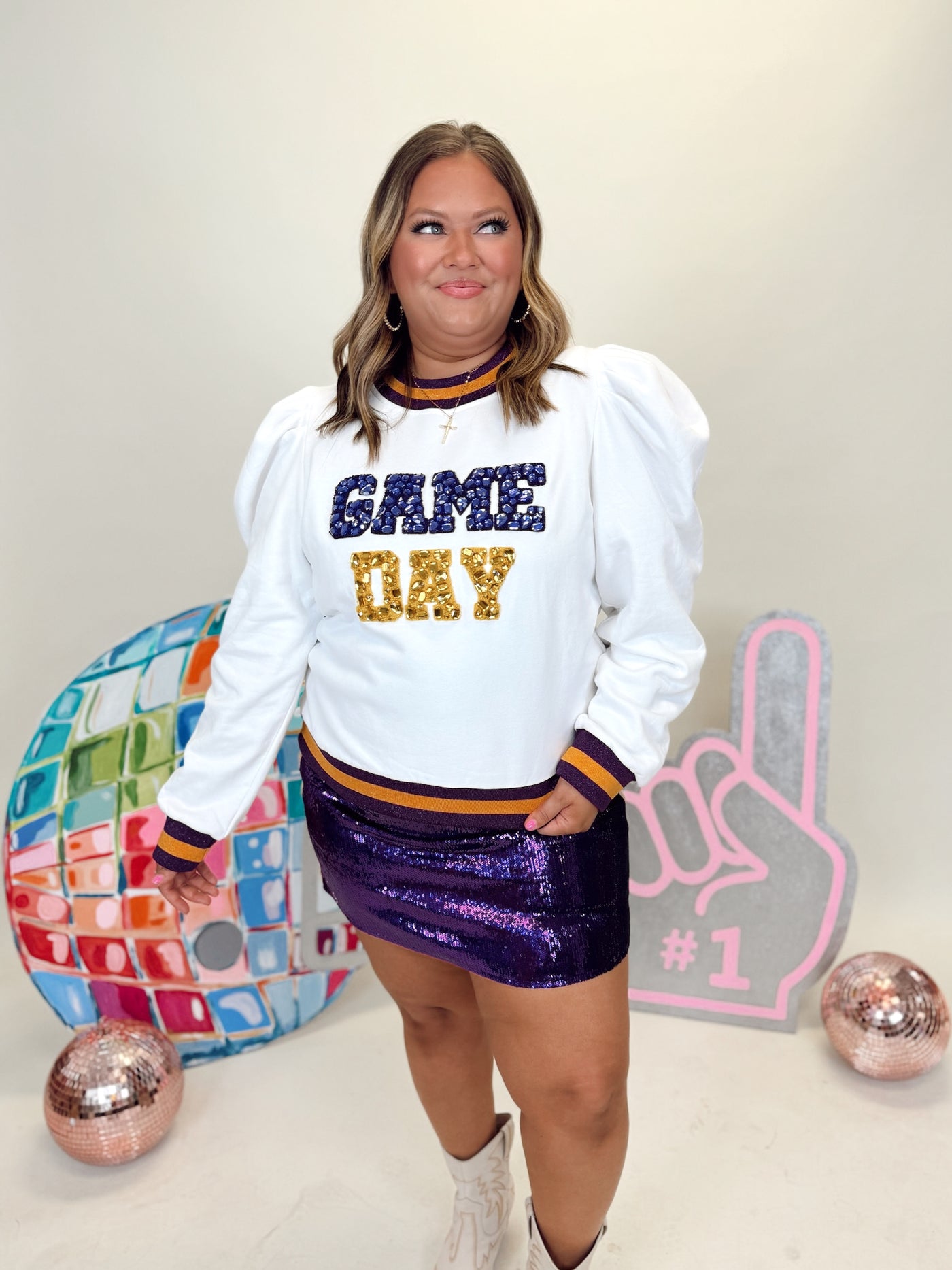 Queen of Sparkles White, Purple & Gold Jeweled Game Day Poof Sleeve Sweatshirt