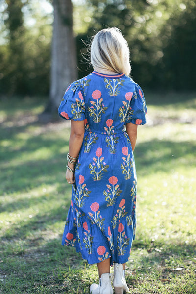 Royal Blue Antique Floral Mandarin Collar Midi Dress