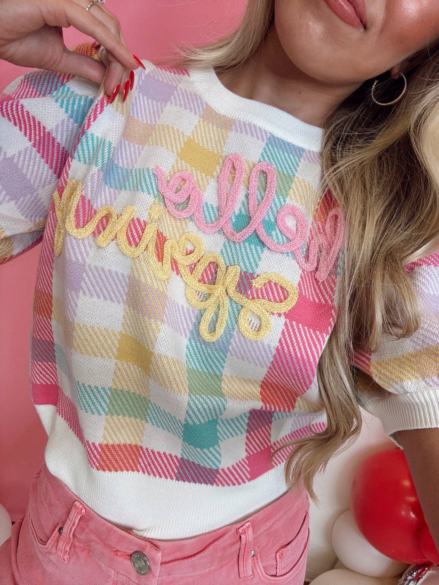 Multi Pastel 'Hello Spring' Gingham Sweater