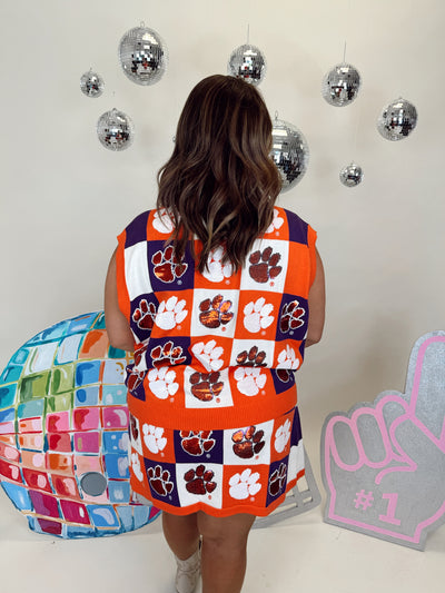 Queen of Sparkles Orange & Purple Checkered Clemson Tiger Tank