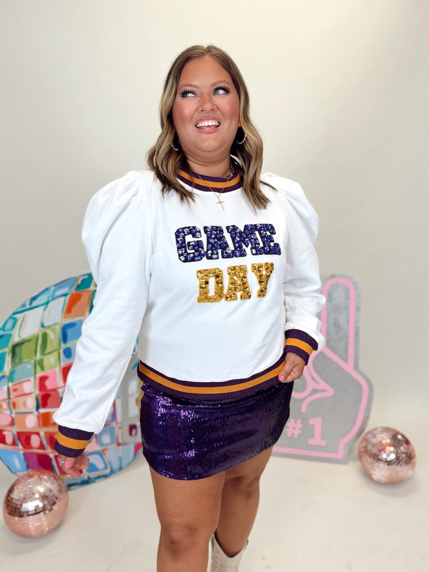 Queen of Sparkles White, Purple & Gold Jeweled Game Day Poof Sleeve Sweatshirt