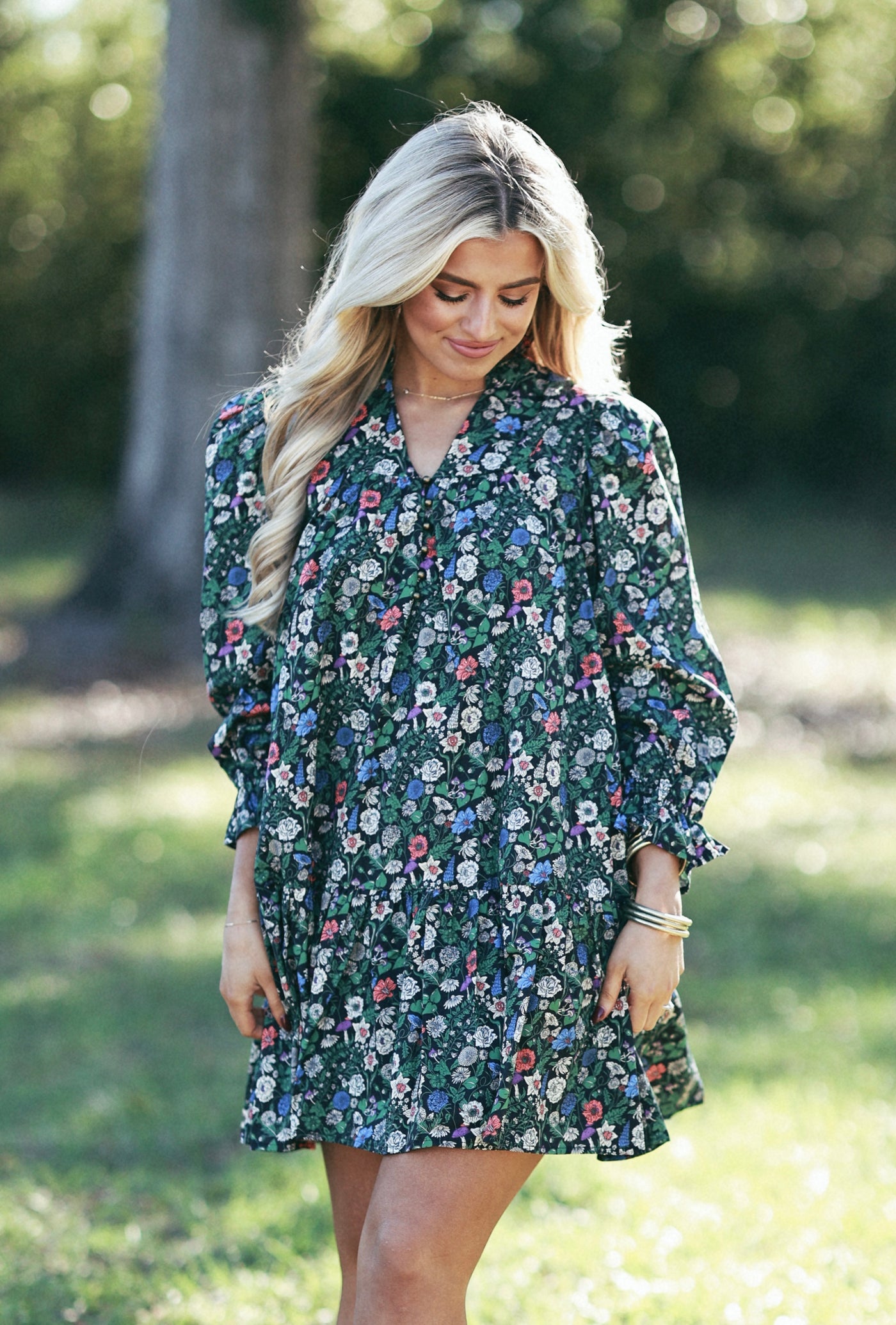 Black Floral 3/4 Sleeve Button Detail Dress