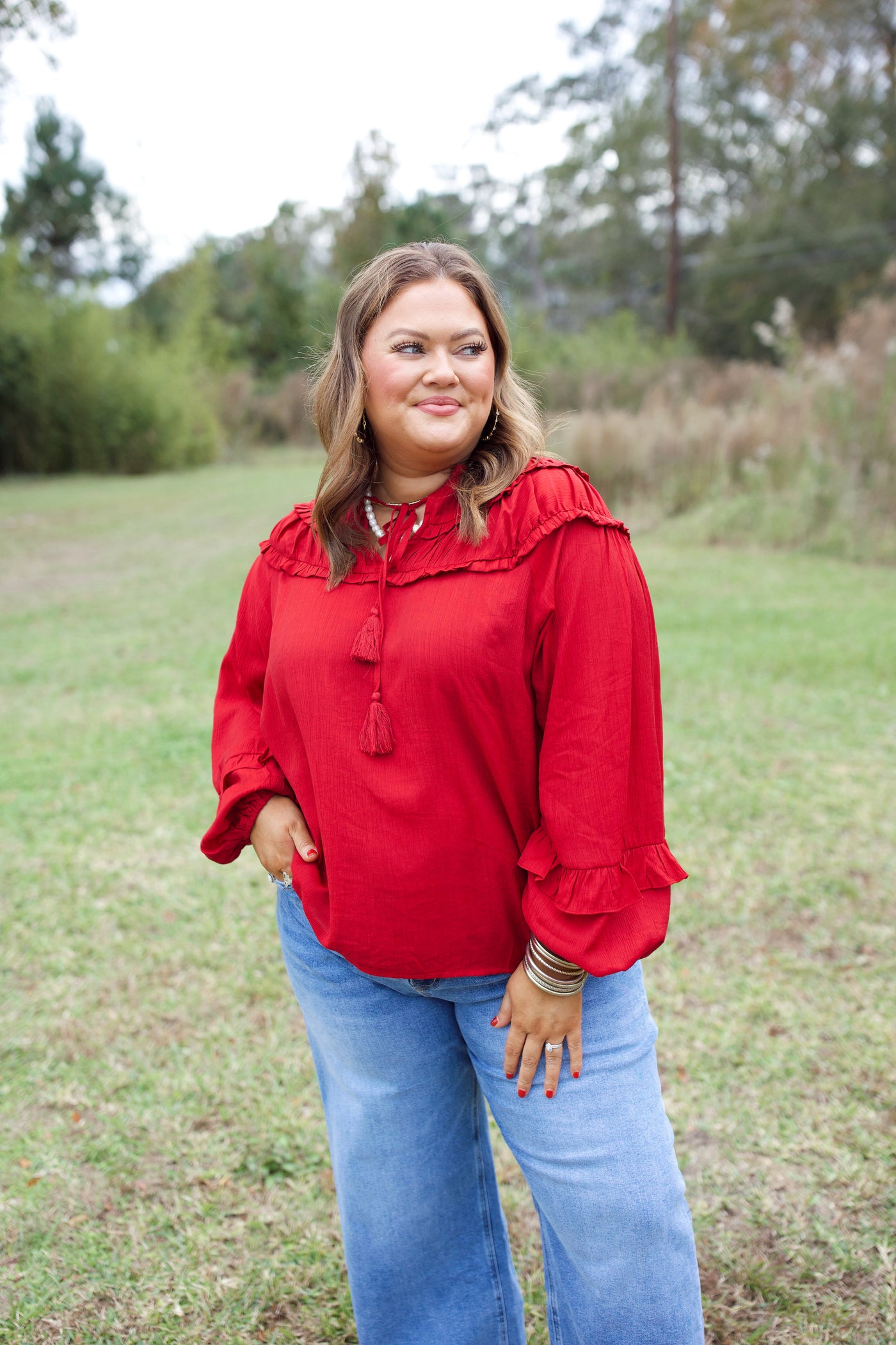 Red Notch Neck Balloon Sleeve Top