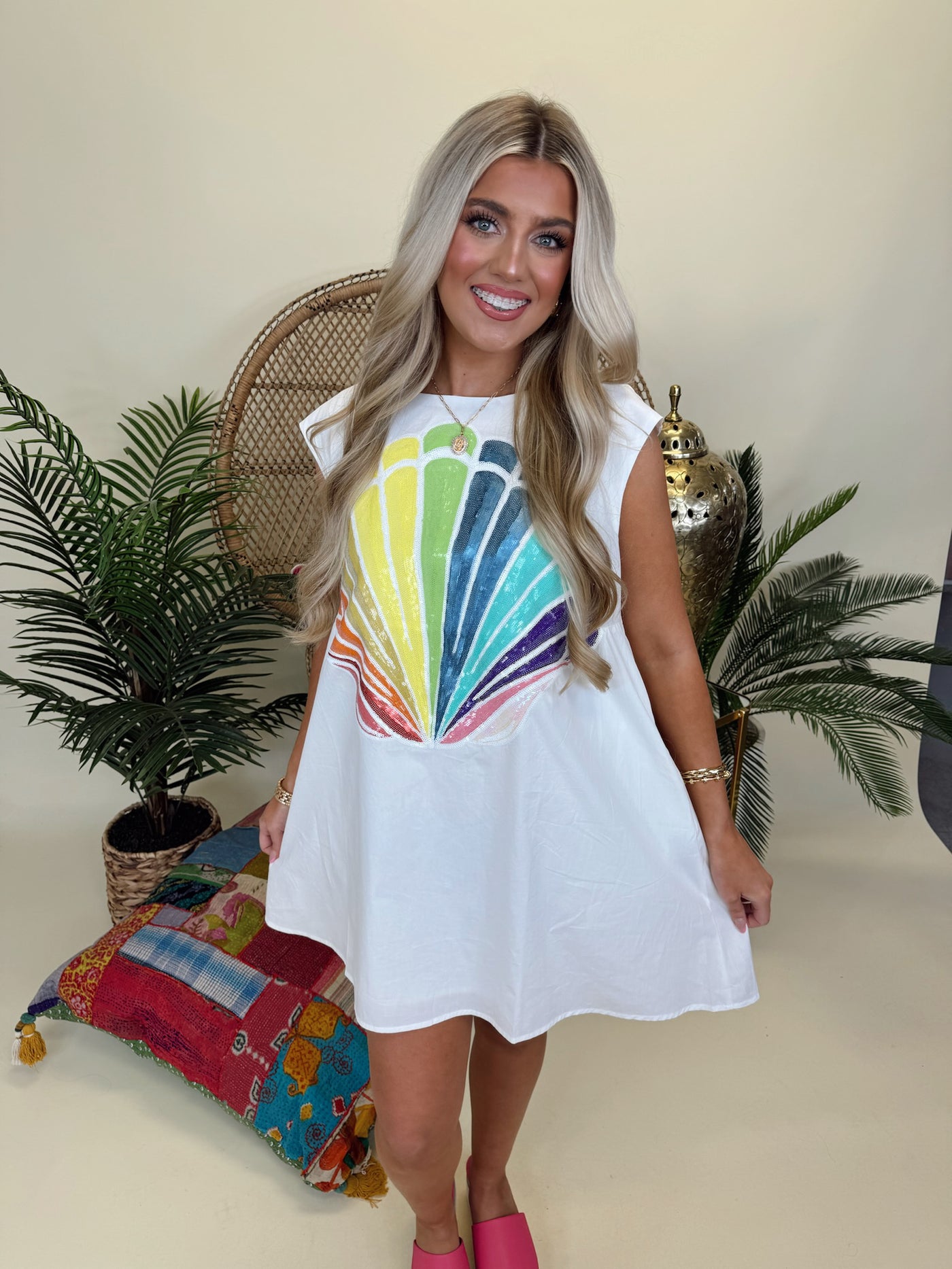 Queen Of Sparkles White Oversized Rainbow Shell Tank Dress