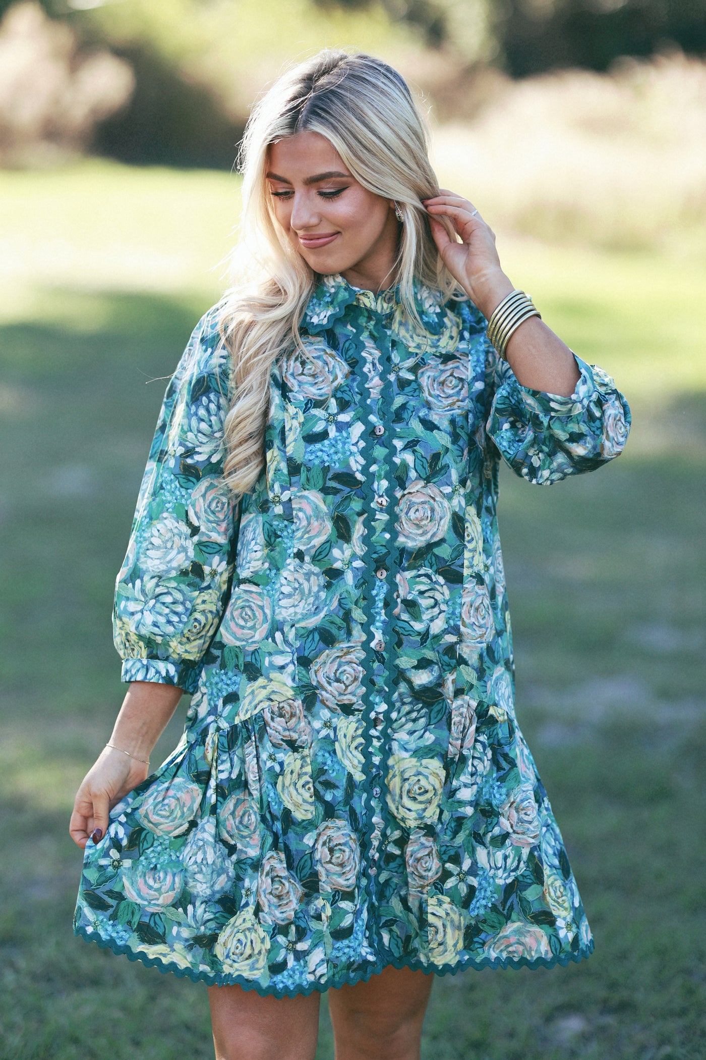 Teal Green Floral Ric Rac Trim Button Down Dress