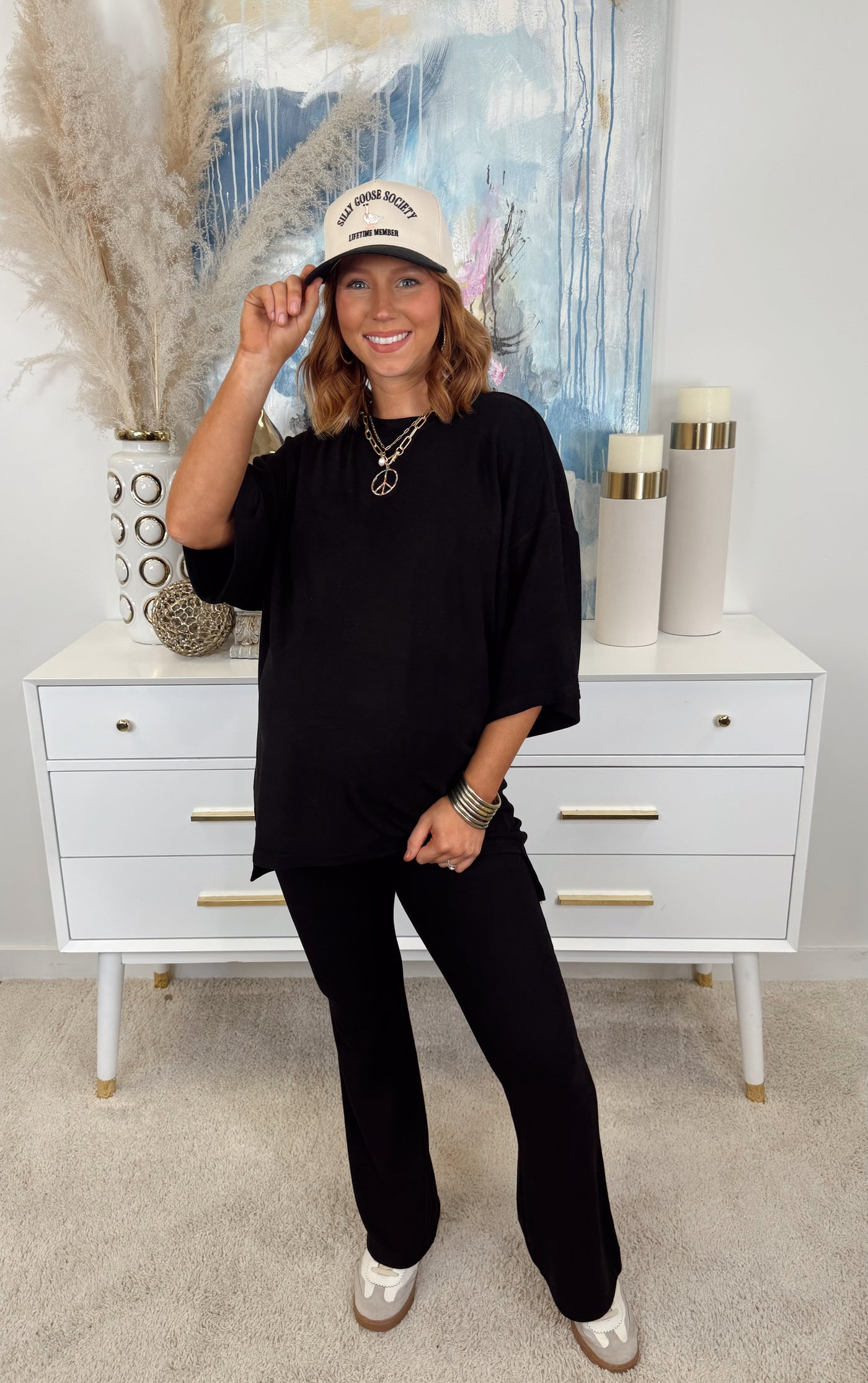 Black Ultra Soft Ribbed Knit Dolman Tee and Kick Flare Pant Set