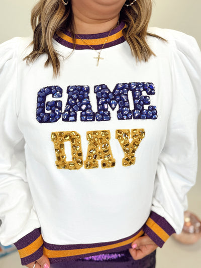 Queen of Sparkles White, Purple & Gold Jeweled Game Day Poof Sleeve Sweatshirt