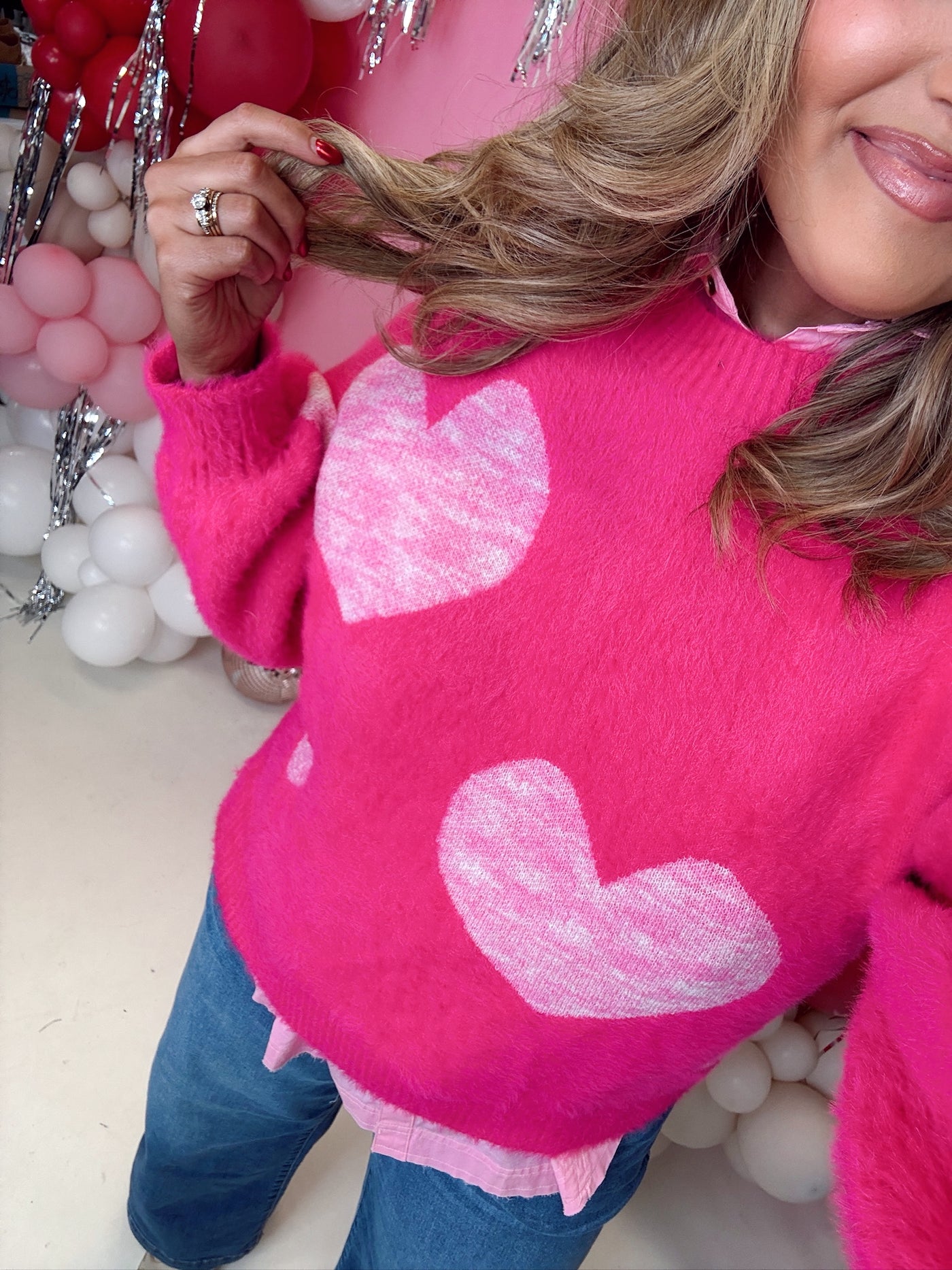 Fuchsia Heart Detail Bell Sleeve Sweater