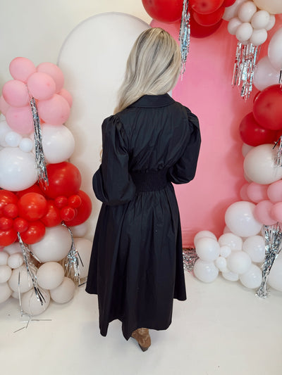 Black 3/4 Sleeve Smocked Detail Midi Dress