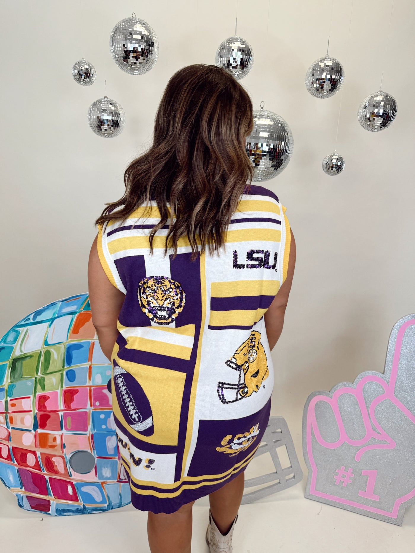 Queen of Sparkles White, Purple, & Gold LSU Icon Cardigan Tank Dress