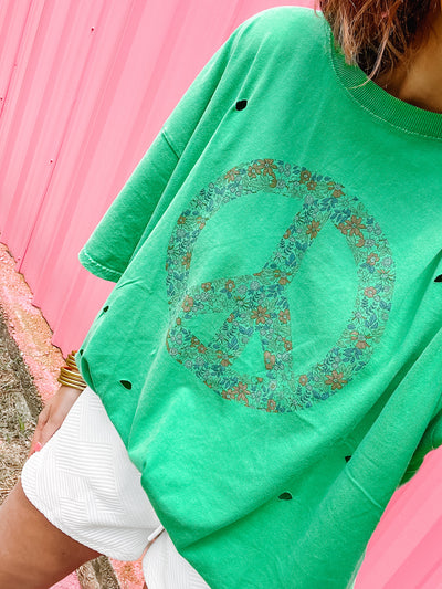 Oversized Distressed Peace Tee in Evergreen