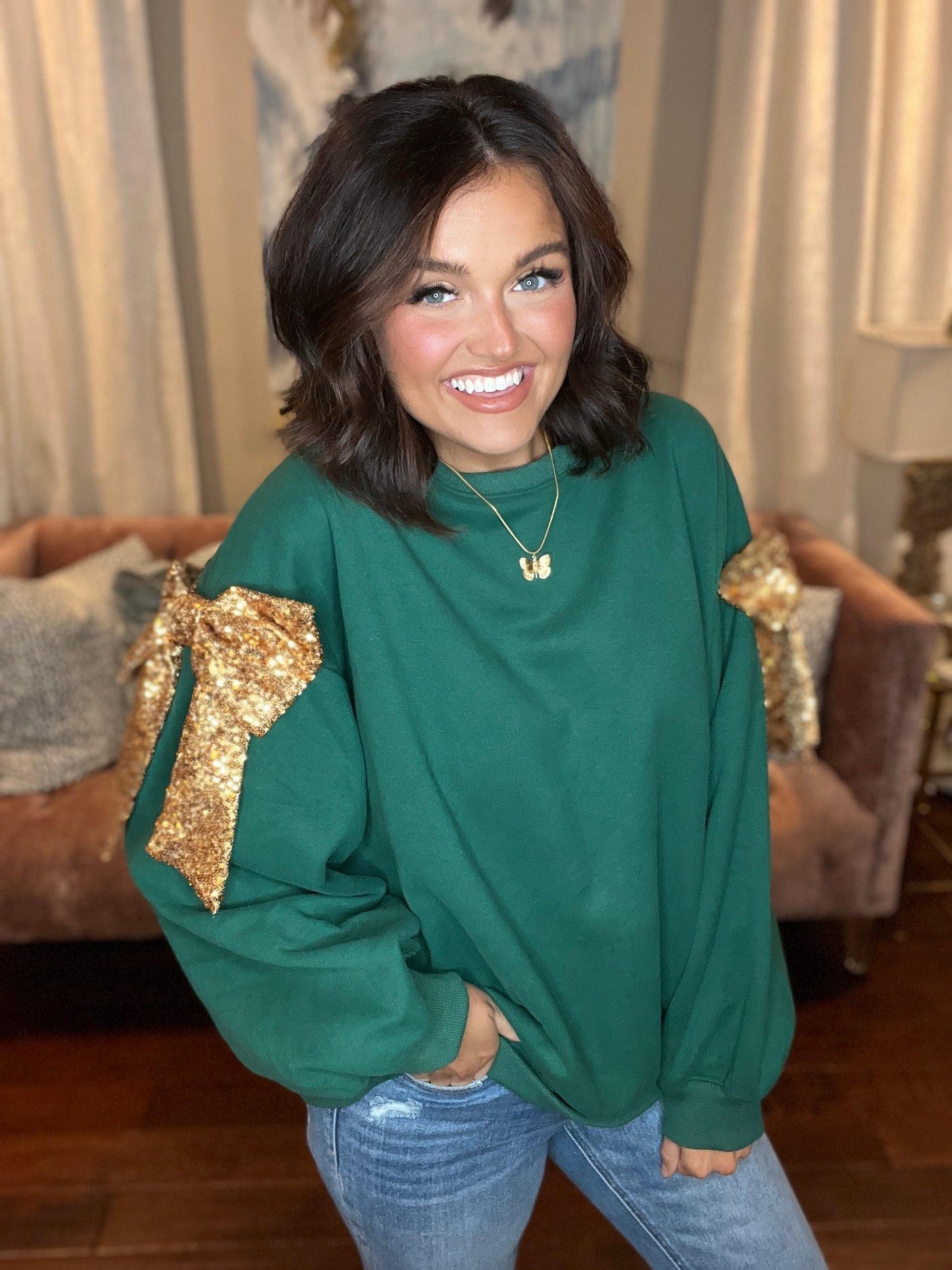 Green Gold Sequin Bow Pullover