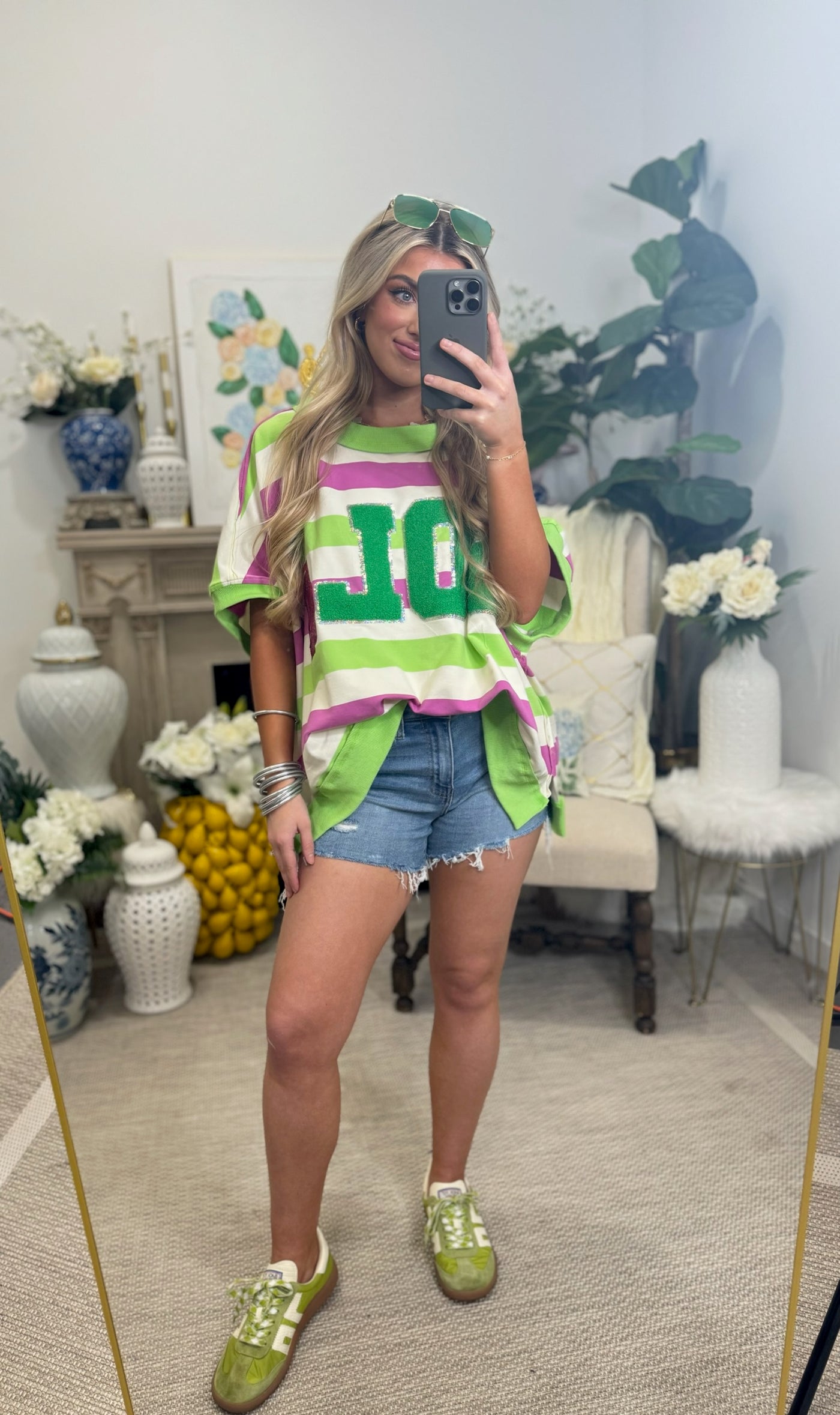 Light Green and Pink Striped Golf Oversized Top