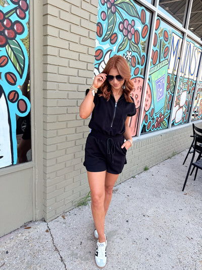 Black Textured Collared Short Sleeve Romper