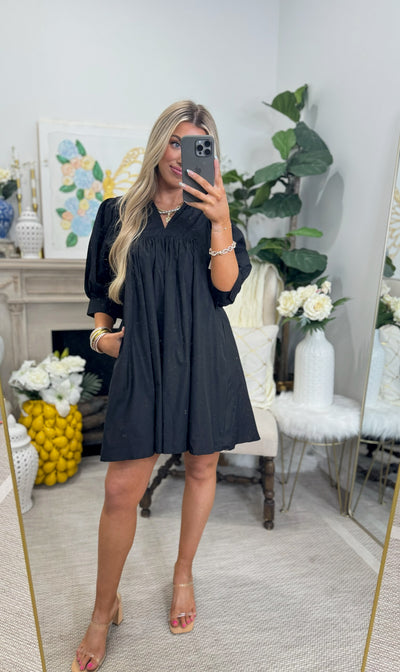 Black V-Neck Half Sleeve Mini Dress