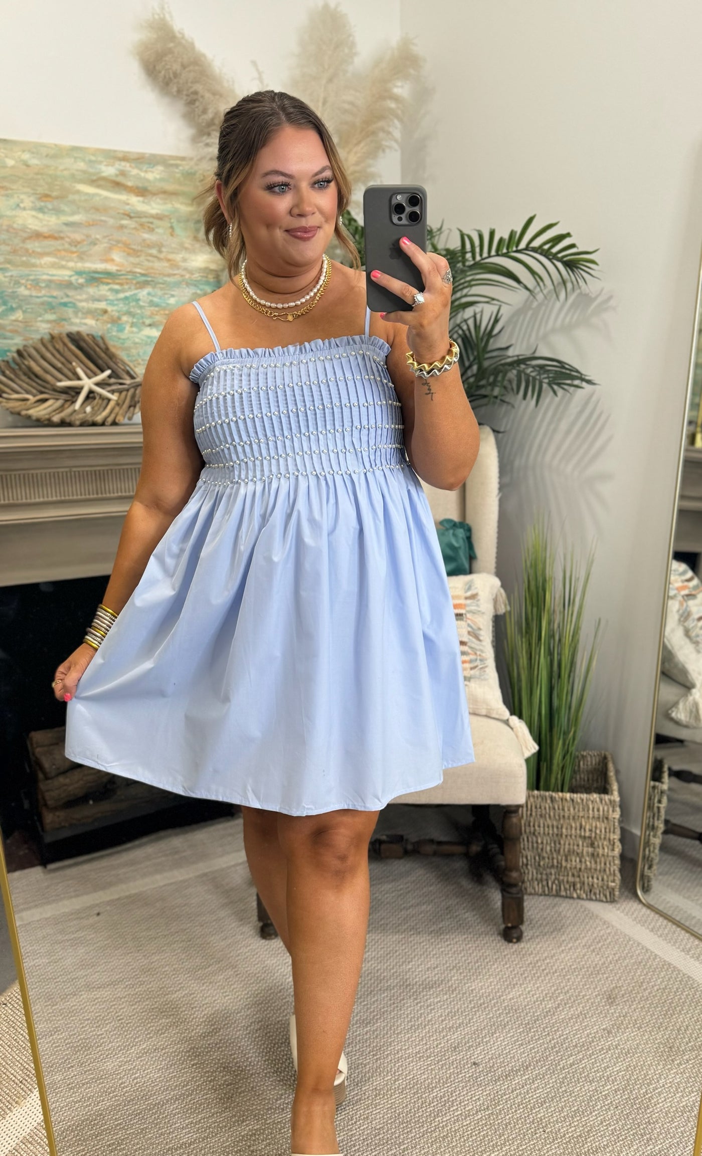 Light Blue Spaghetti Strap Pearl Detail Dress