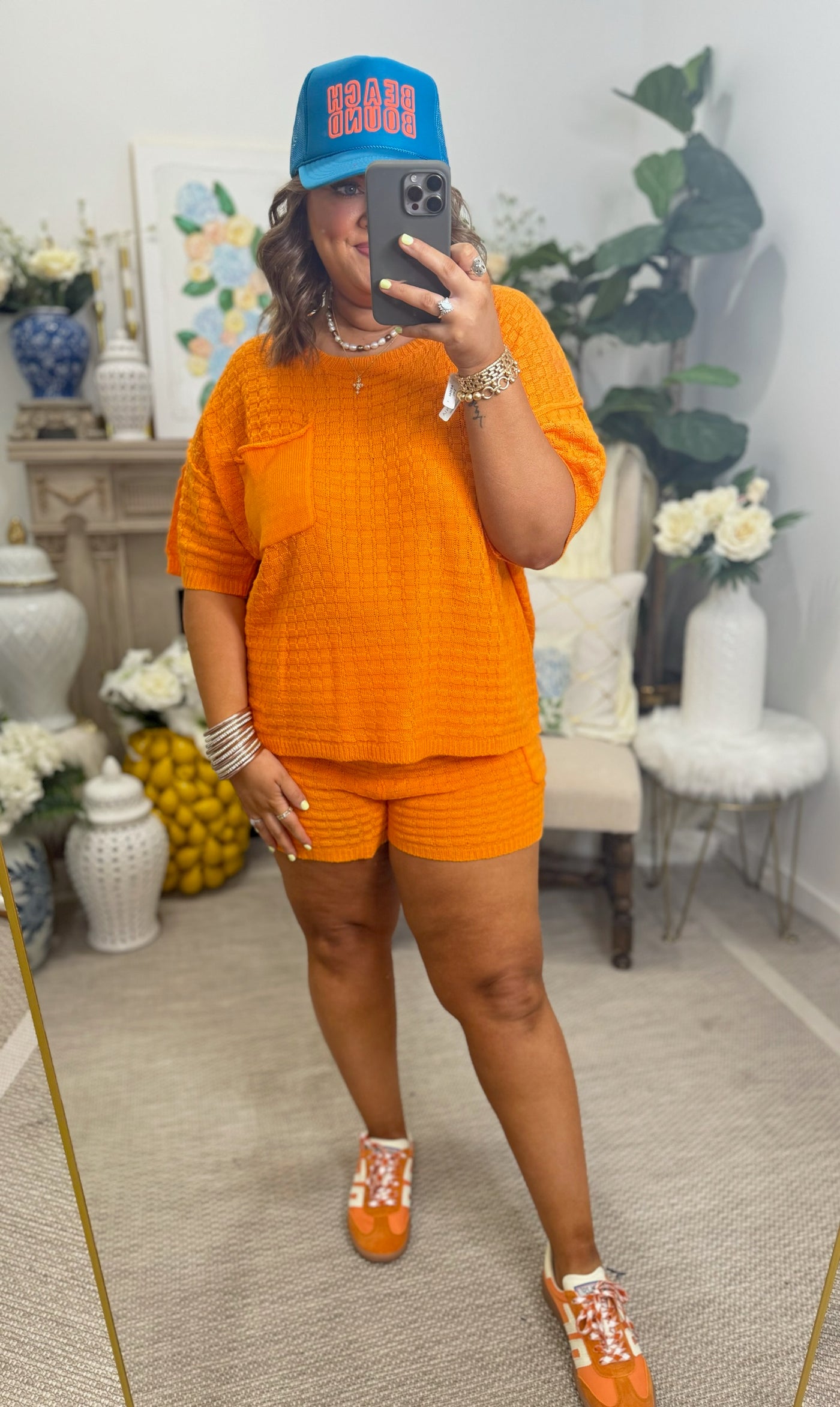 Hot Orange Textured Knit Pocket Detail Top and Short Set