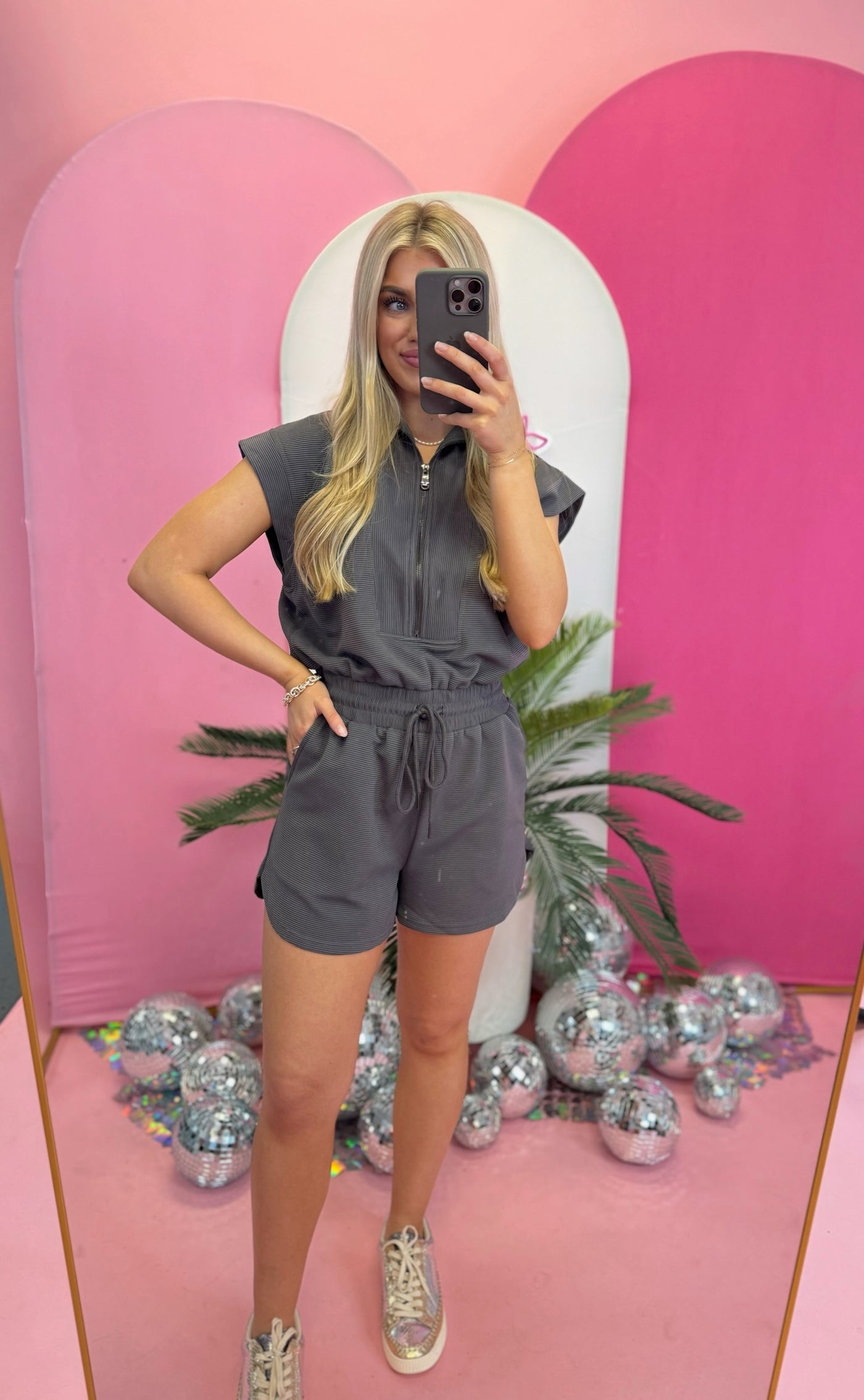 Charcoal Textured Collared Short Sleeve Romper