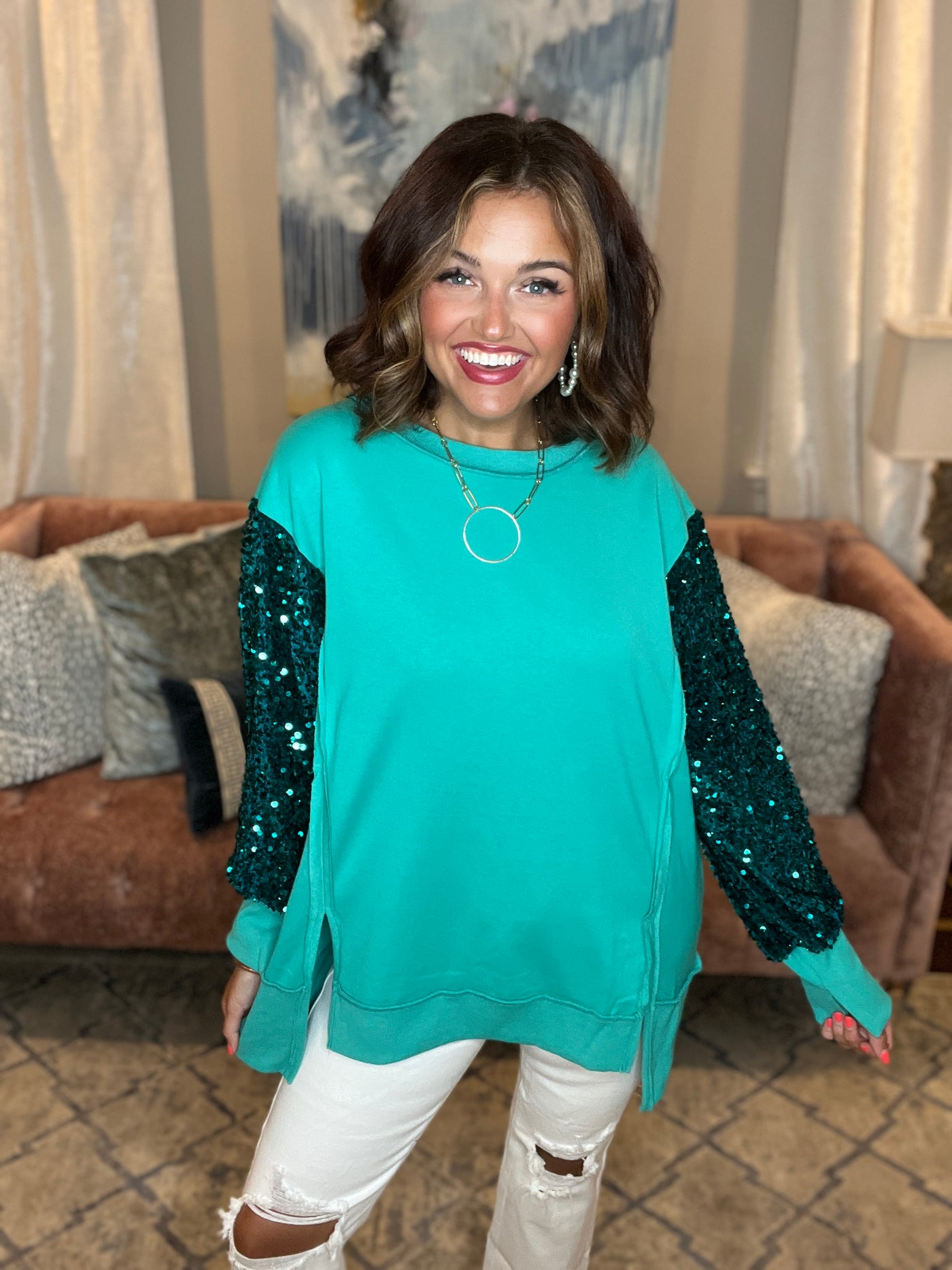Turquoise Loose Fit Sequin Detail Pullover