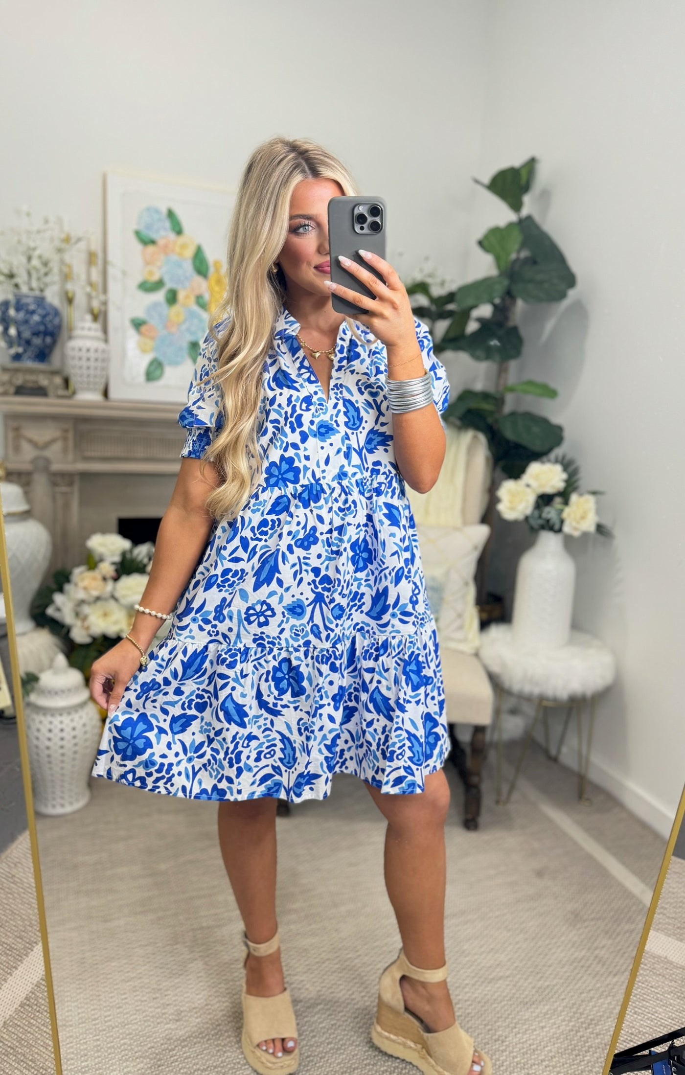Blue Printed Short Sleeve Dress