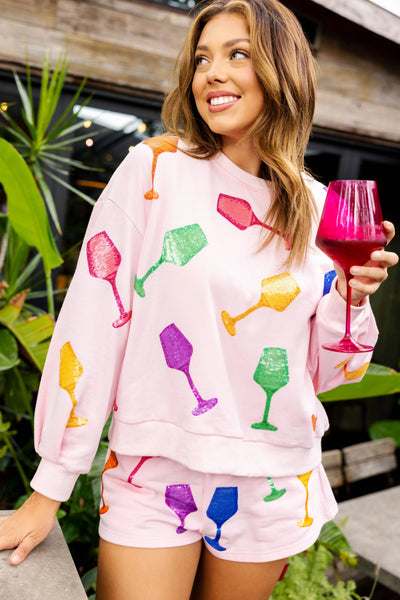 Queen Of Sparkles Light Pink Multicolor Wine Glass Sweatshirt