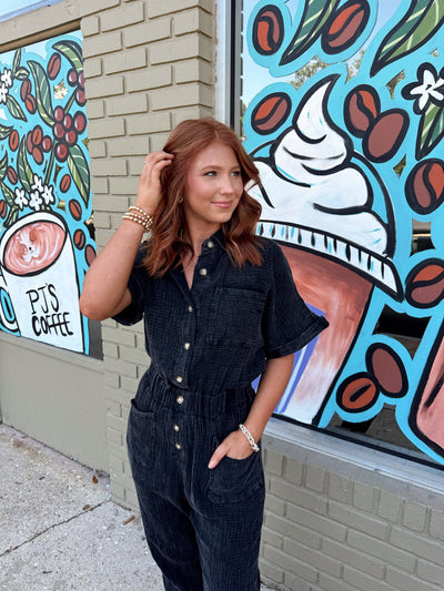 Black Washed Crinkle Button Down Jumpsuit