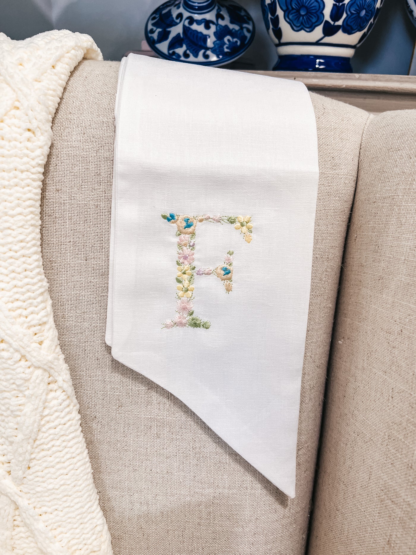 White Embroidered Flower 54" Initial Wreath Sash