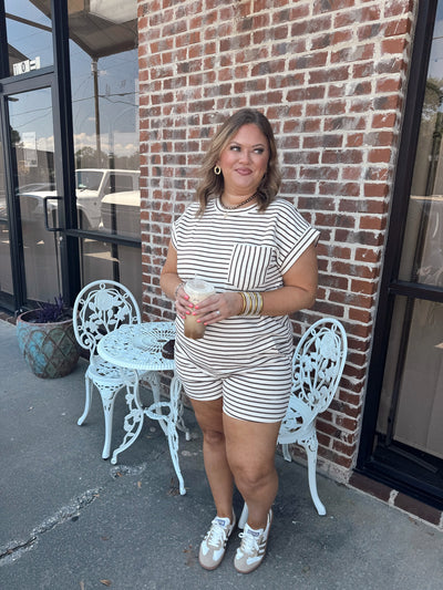 Cream Mocha Striped Knit Top and Short Set