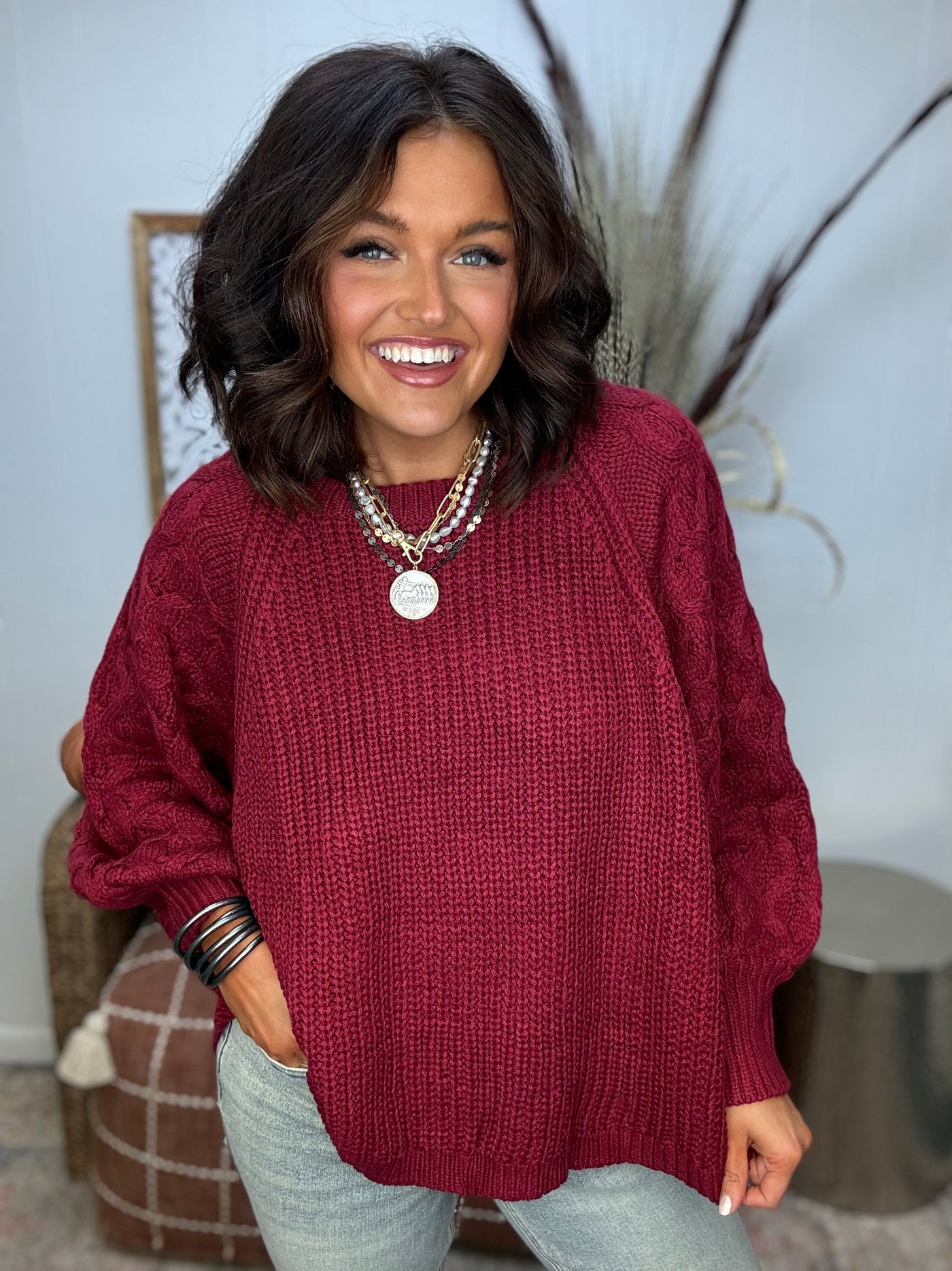 Red Cable Knit Balloon Sleeve Sweater Top