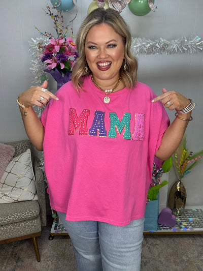 Pink Multi Chenille Patch "MAMA" Tee