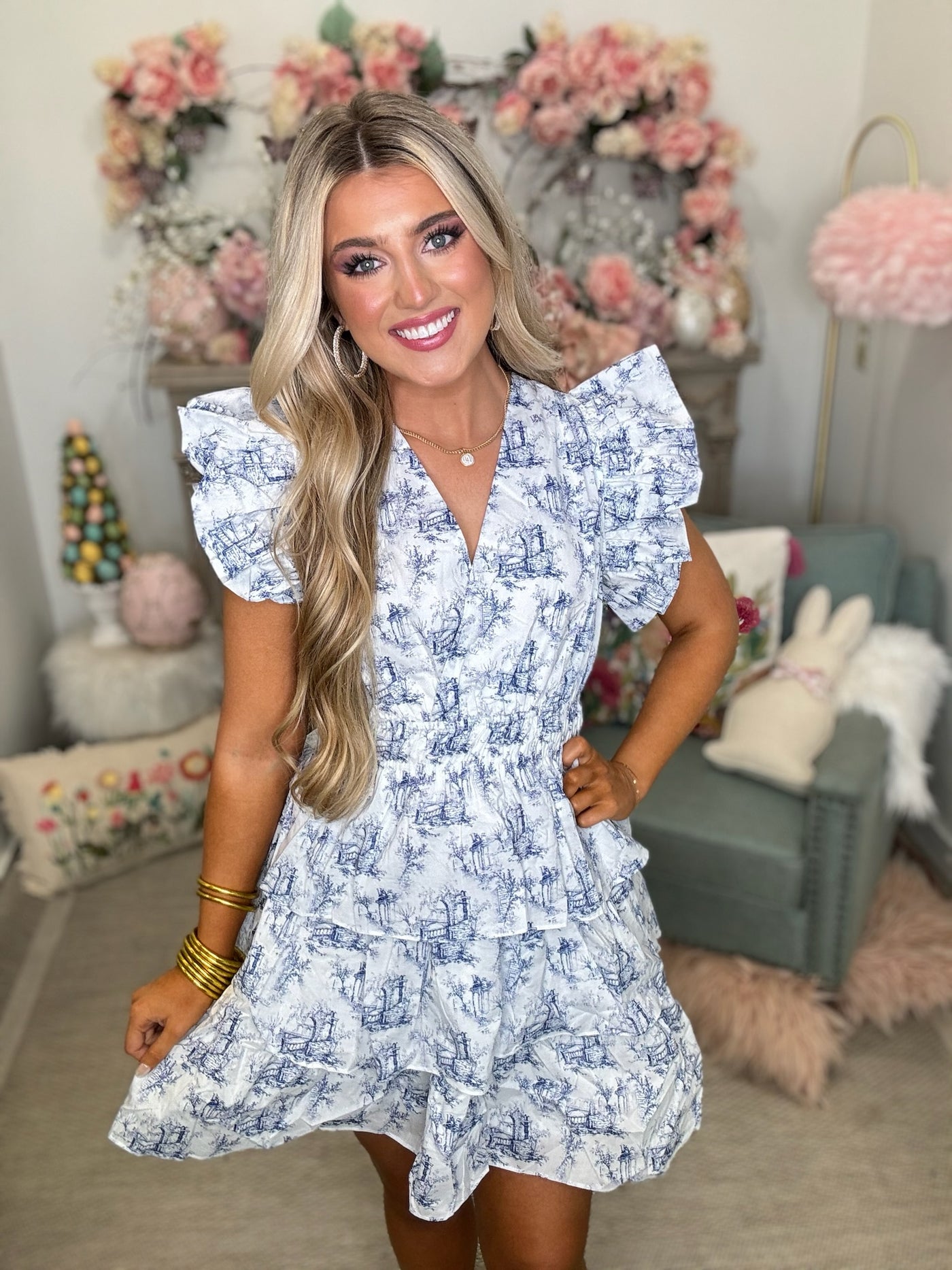 Blue Chinoiserie Ruffle Tiered Dress