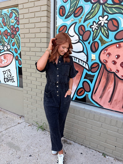 Black Washed Crinkle Button Down Jumpsuit