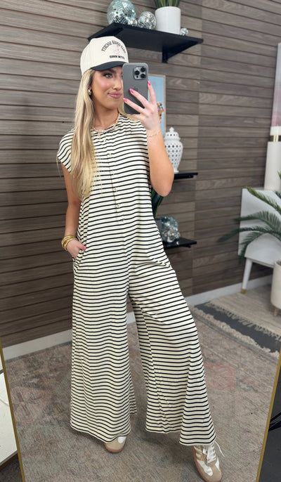 Ecru Black Oversized Striped Sleeveless Romper