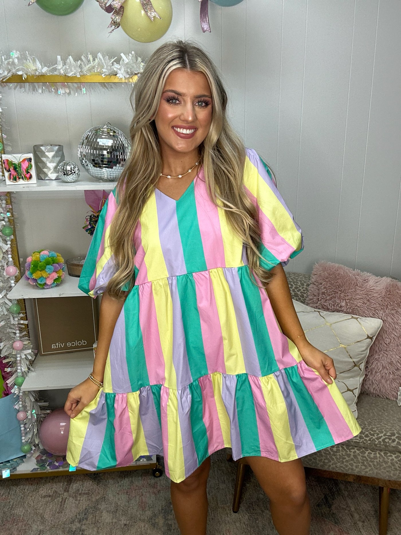 Multi Pastel Striped Puff Sleeve Babydoll Dress