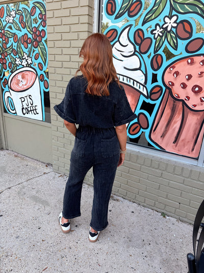 Black Washed Crinkle Button Down Jumpsuit