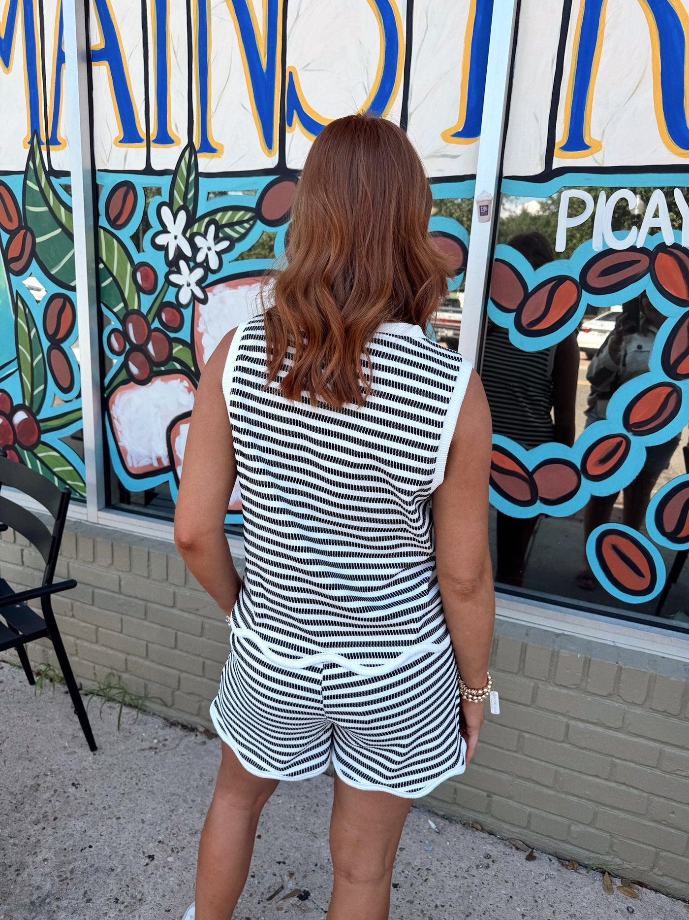 Black Striped Sleeveless Round Neck Top and Short Set