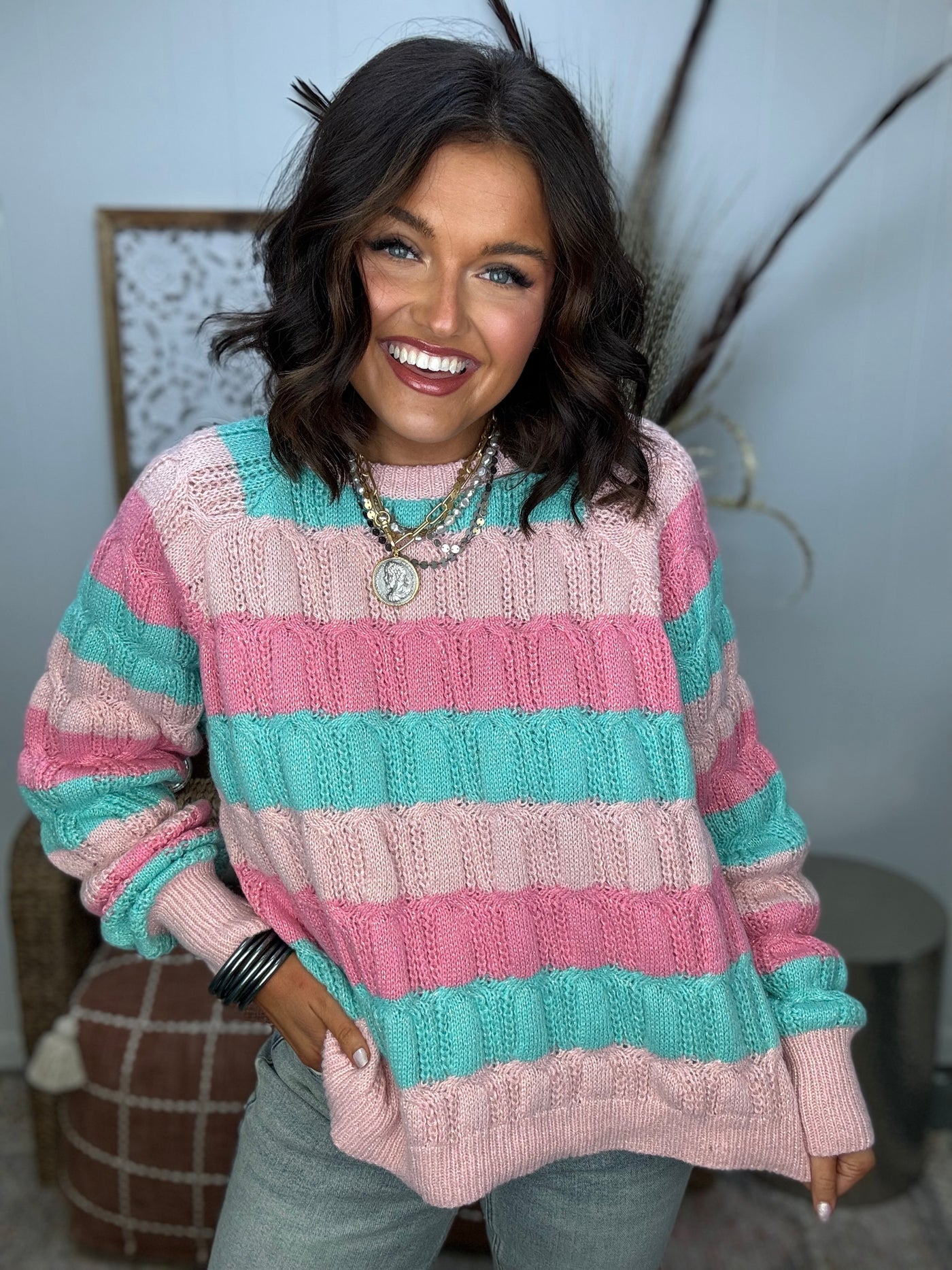 Shiny Pink Multi Colorblock Sweater