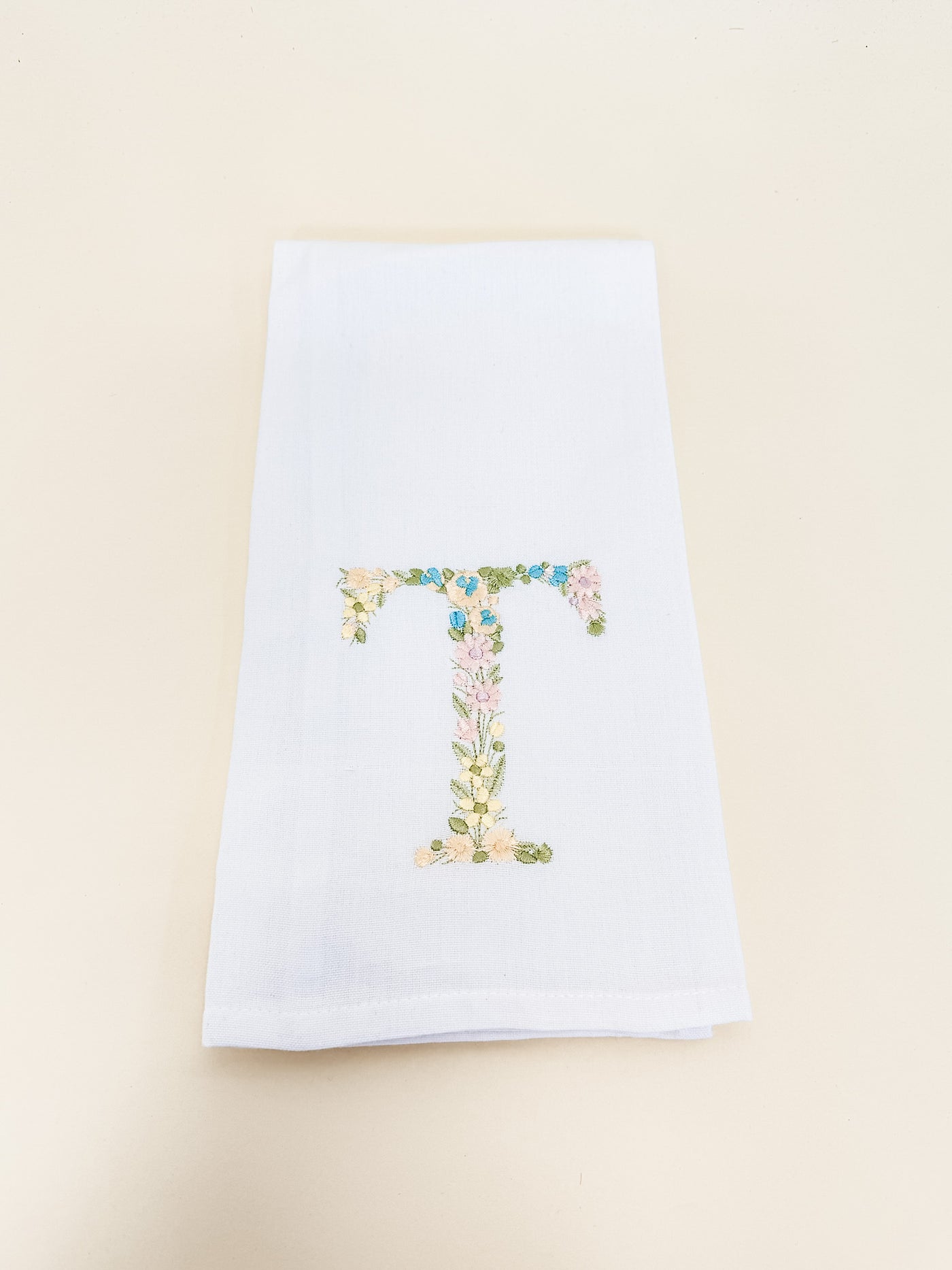 Embroidered Flower Initial Tea Towel