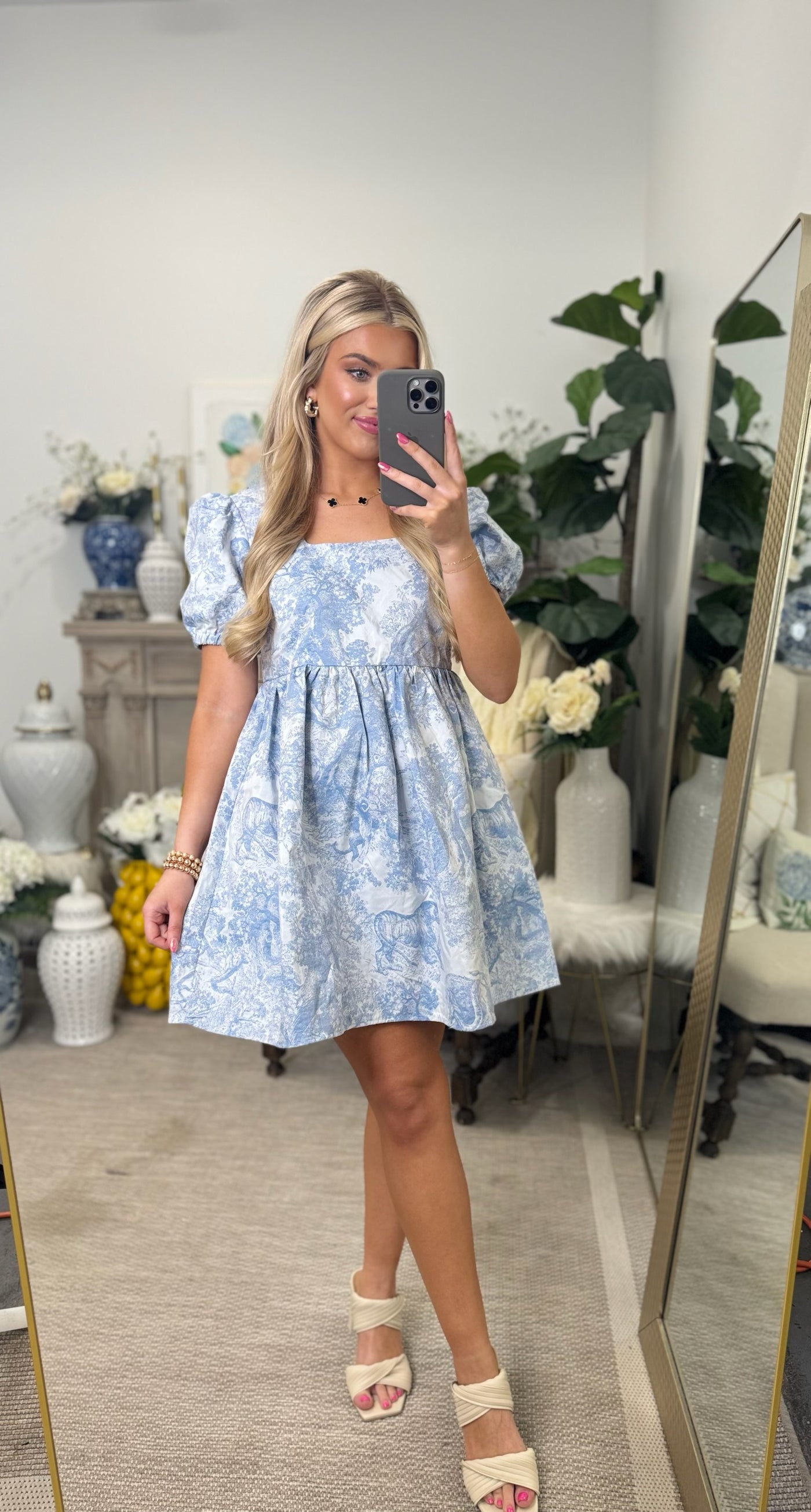 Blue Toile Puff Sleeve Mini Dress