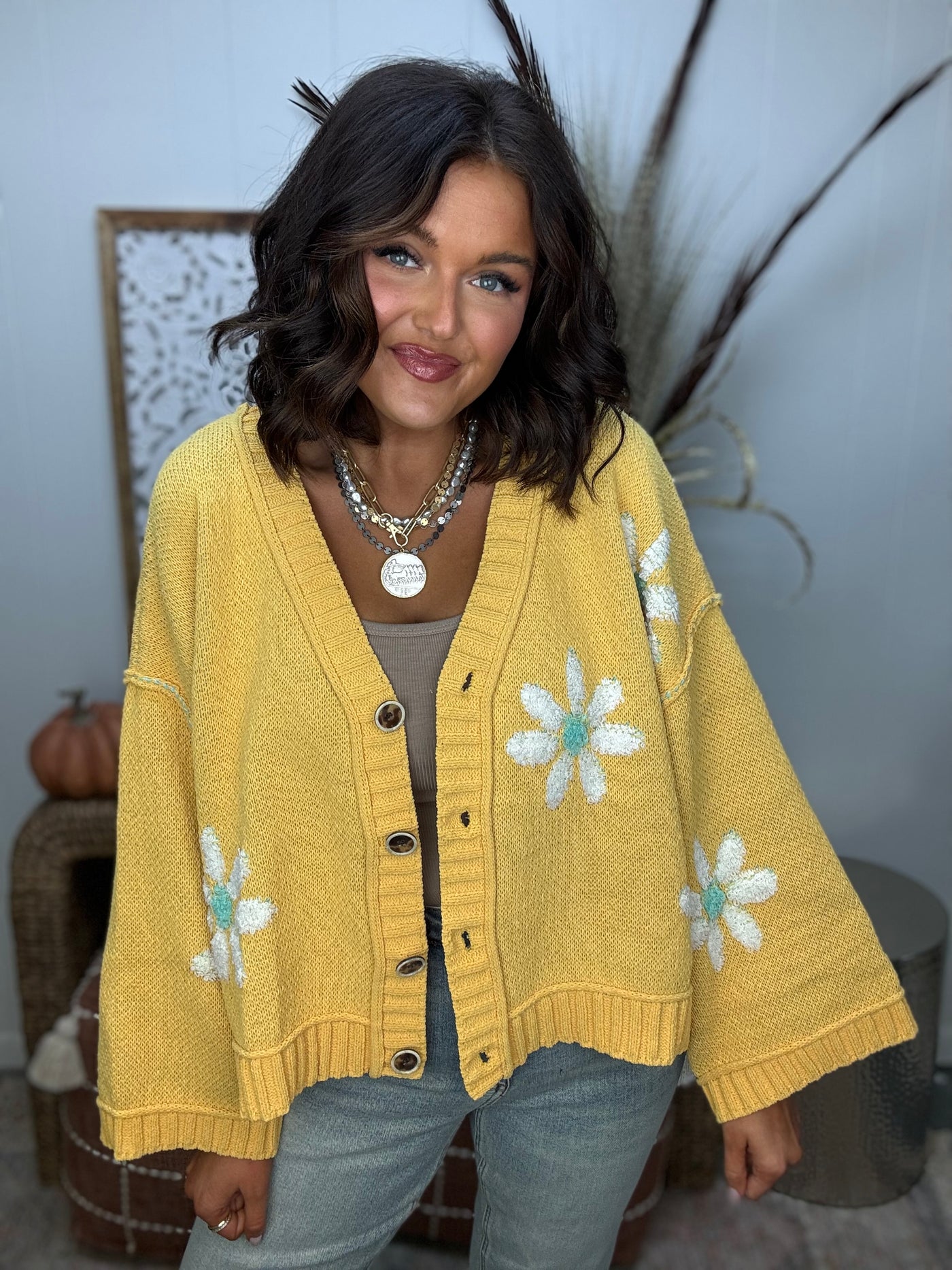 Yellow Mix Oversized Floral Button Cardigan