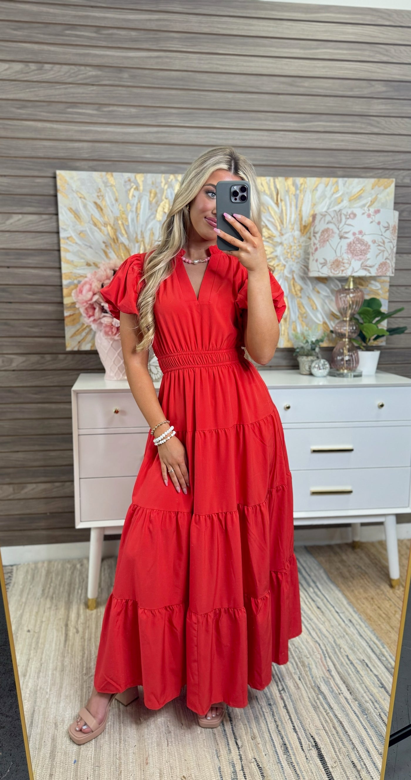 Red Split Neck Puff Sleeve Tiered Maxi