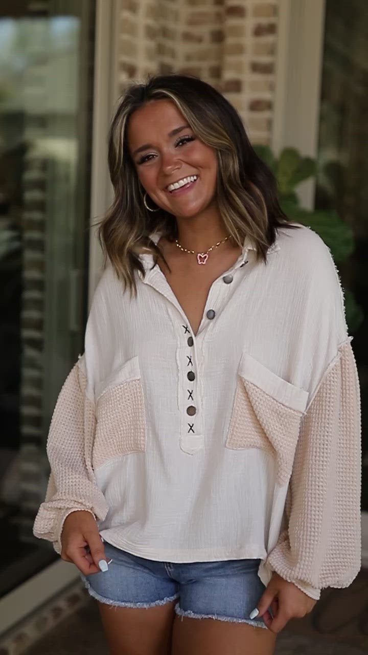 Natural Waffle Stitch Slouchy Button Down Top
