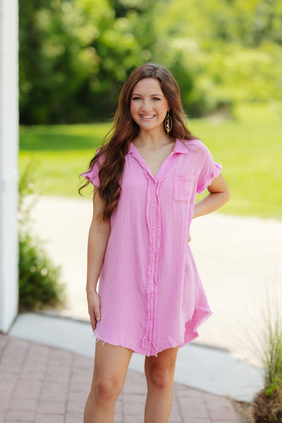 Umgee Pink Button Down Short Sleeve Shirt Dress with Frayed Edge