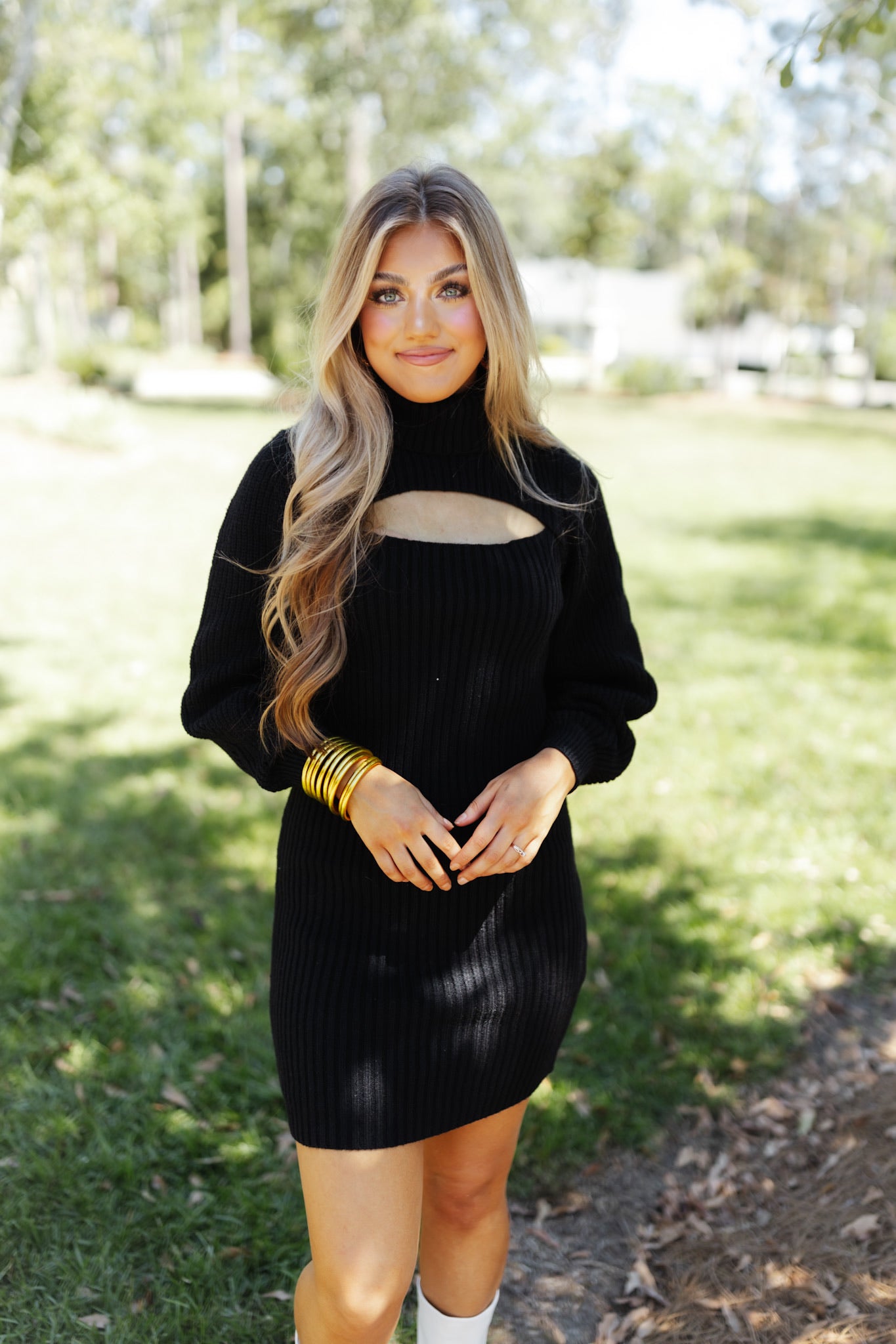 Black Ribbed Cutout Turtleneck Sweater Dress