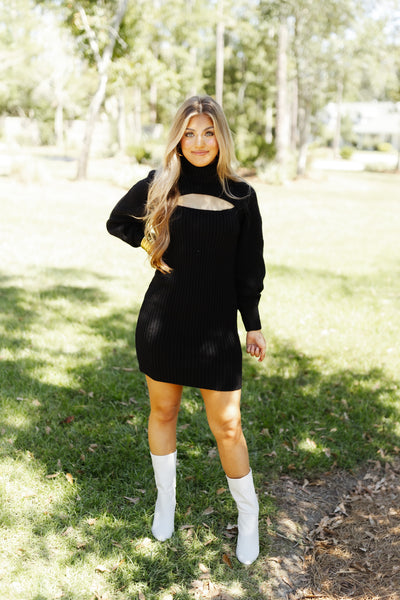 Black Ribbed Cutout Turtleneck Sweater Dress