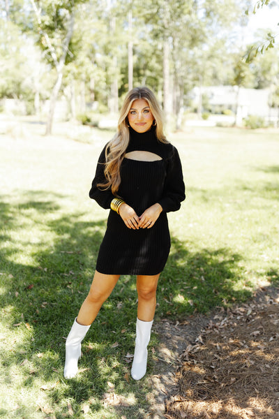 Black Ribbed Cutout Turtleneck Sweater Dress