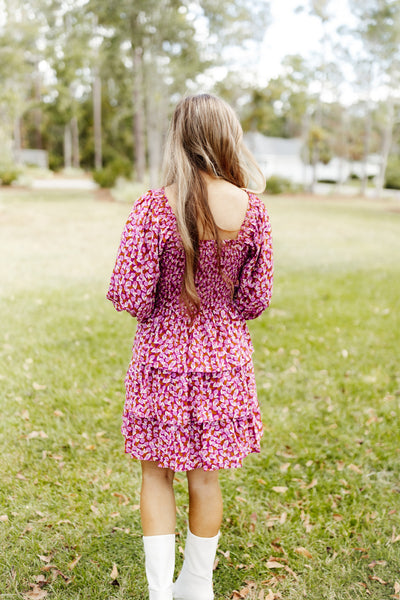 Orchid Floral Smocked Ruffle Long Sleeve Dress