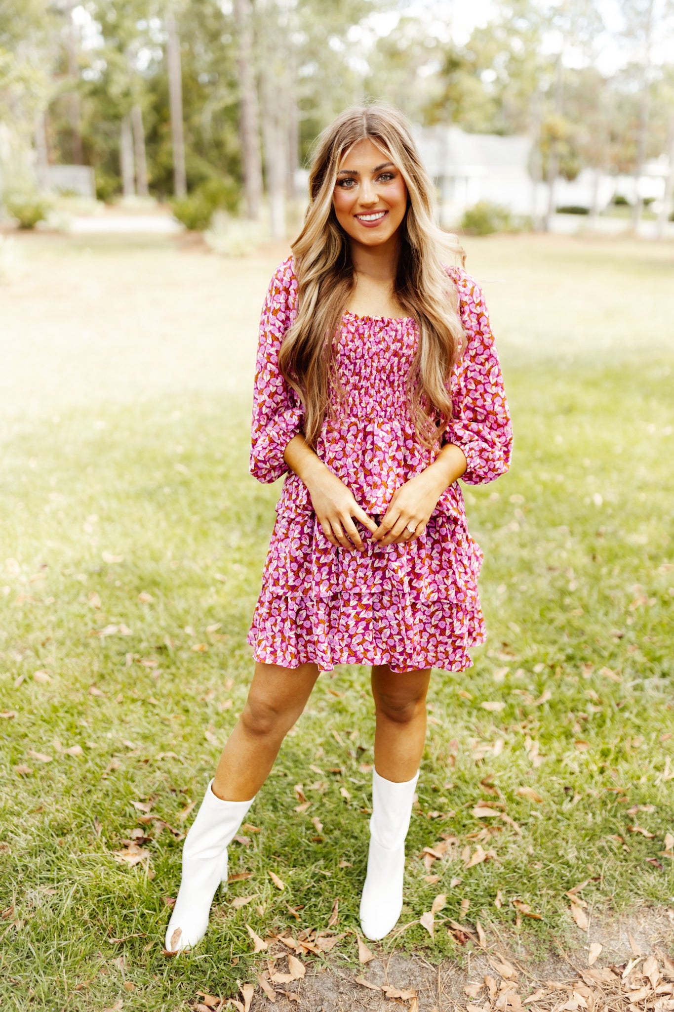 Orchid Floral Smocked Ruffle Long Sleeve Dress